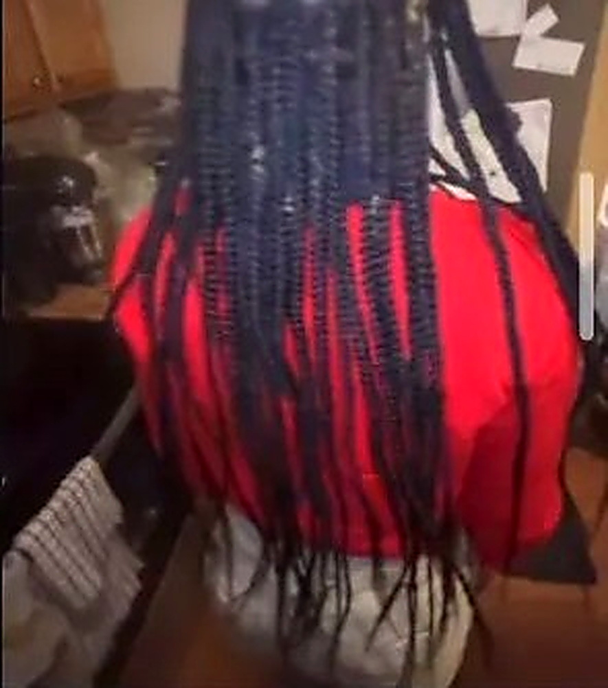 Red and black braids styled long